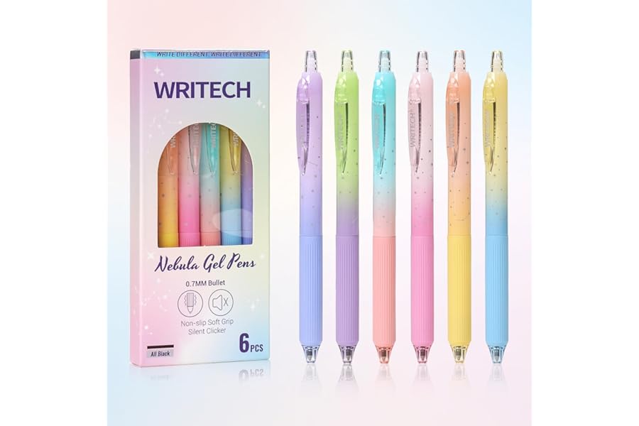 WRITECH Gel Pens Fine Point: Nebula Pen Set 0.7mm Black Ink Retractable 6ct Medium Point Smooth Writing with Aesthetic Gradient Color Barrel for Journaling Note Taking Silent Click No Smear