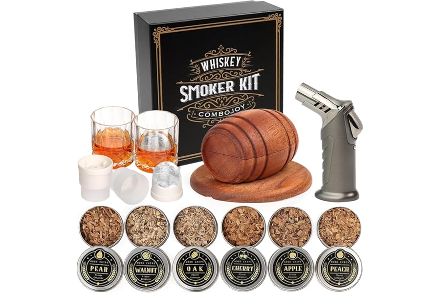 Whiskey Smoker Kit with Torch - 6 Flavors Wood Chips, 2 Glasses, 2 Ice Ball Molds - Cocktail Smoker Infuser Kit, Old Fashioned Drink Smoker Kit, Birthday Bourbon Whiskey Gifts for Men,Dad(NO Butane)