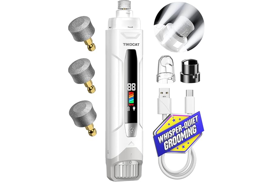 Whisper-Quiet Dog Nail Grinder, 50% More Powerful 6-Speed Pet Nail Trimmer with LED Display & 4 LED Lights, 3 Grinding Bits,
