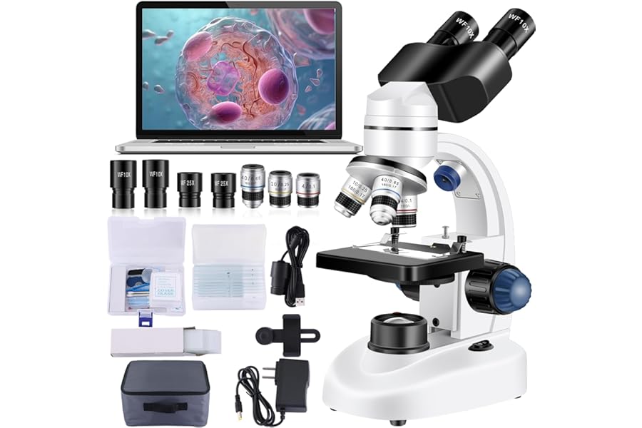 Woehrsh Microscope for Adults WF10x and WF25x eyepieces, 40X-2000X Magnification USB Camera, Microscope for Adults Suitable for Laboratory School Home Education（White Microscope）