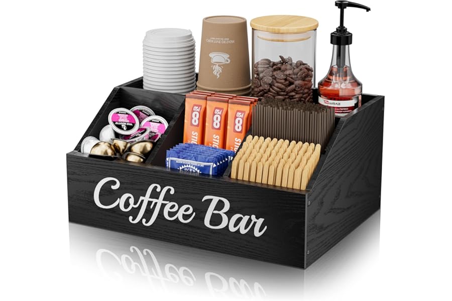 WooOrganix Coffee Station Organizer for Countertop – Wooden Coffee Bar Organizer with Adjustable Dividers,Holds K Cup Pod & syrup bottles, for Kitchen, Office, or Bar and Tea Station, Black