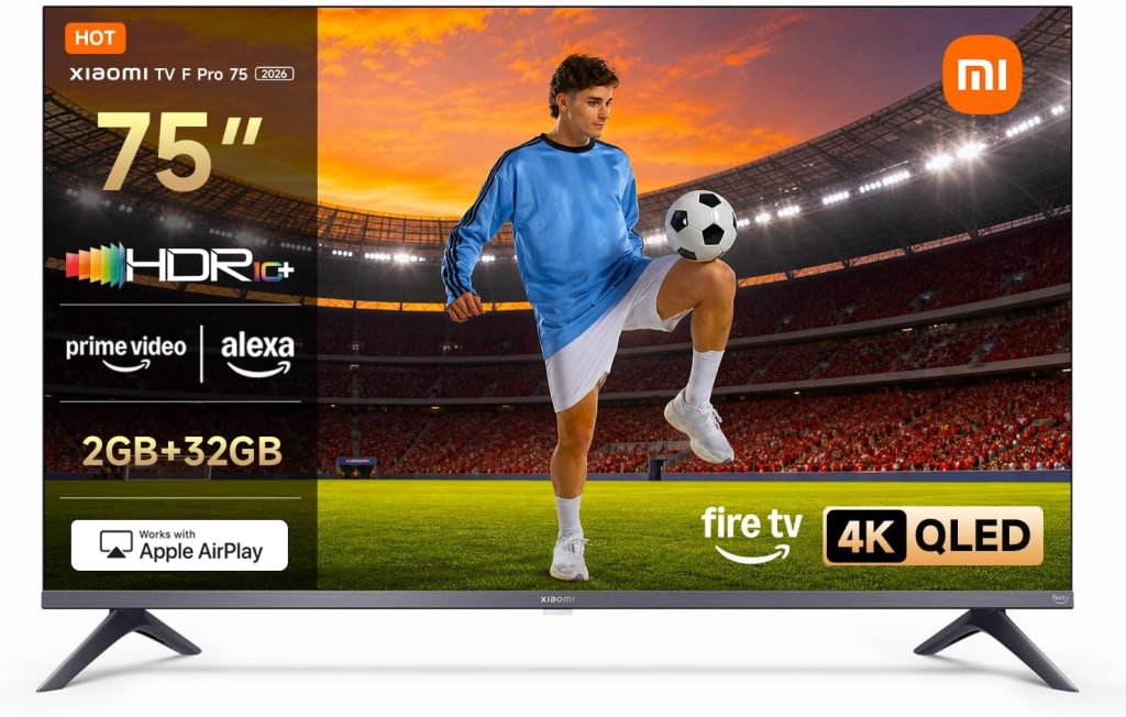 XIAOMI TV F Pro 75, 75 Pulgadas (190 cm), 4K UHD QLED, Smart TV, Fire OS8, Control por Voz Alexa, HDR10+, Modo Game Boost 120Hz, MEMC, 2GB+32GB, Compatible con Apple AirPlay