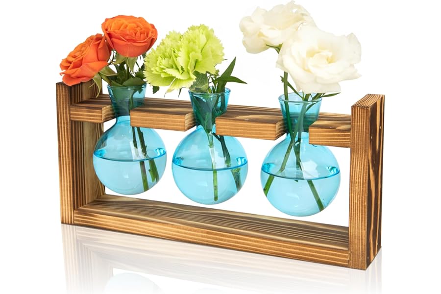 XXXFLOWER Glass Plant Terrarium Propagation Station, Gifts for Mom Plant Lovers Wife Daughter, 3 Bulb Glass Vase Plant Terrarium Tabletop for Hydroponics Home Office Indoor Decor (Blue)