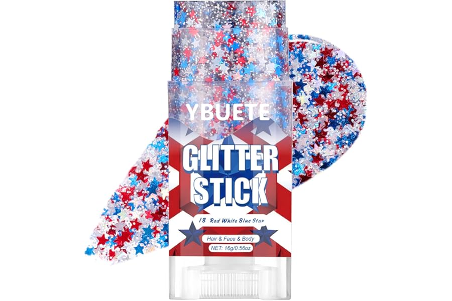 YBUETE Red White Blue Star Face Body Glitter Stick, 4th of July Glitter, Patriotic Makeup USA Flag Accessory for Independence Day, Memorial Day, Veterans Day, Sparkling Makeup for Adult