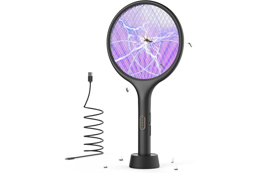 YISSVIC Electric Fly Swatter 4000V Bug Zapper Racket Dual Modes Mosquito Killer with Purple Mosquito Light Rechargeable for Indoor Home Office Backyard Patio Camping (1, Black)