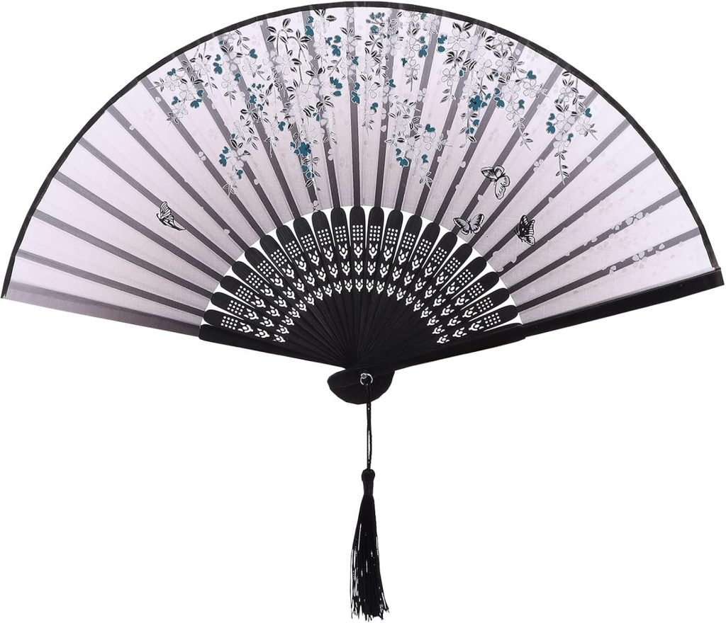 Yukiyi - Éventail pliable à main pour femme, en bambou et tissu de soie, avec pompon - Décoration murale, fête de mariage - Noir