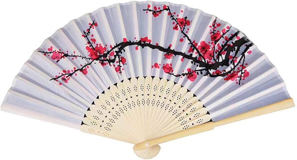 Yukiyi - Éventail pliable à main pour femme, en bambou et tissu de soie, avec pompon - Décoration murale, fête de mariage - Motif fleur - Blanc