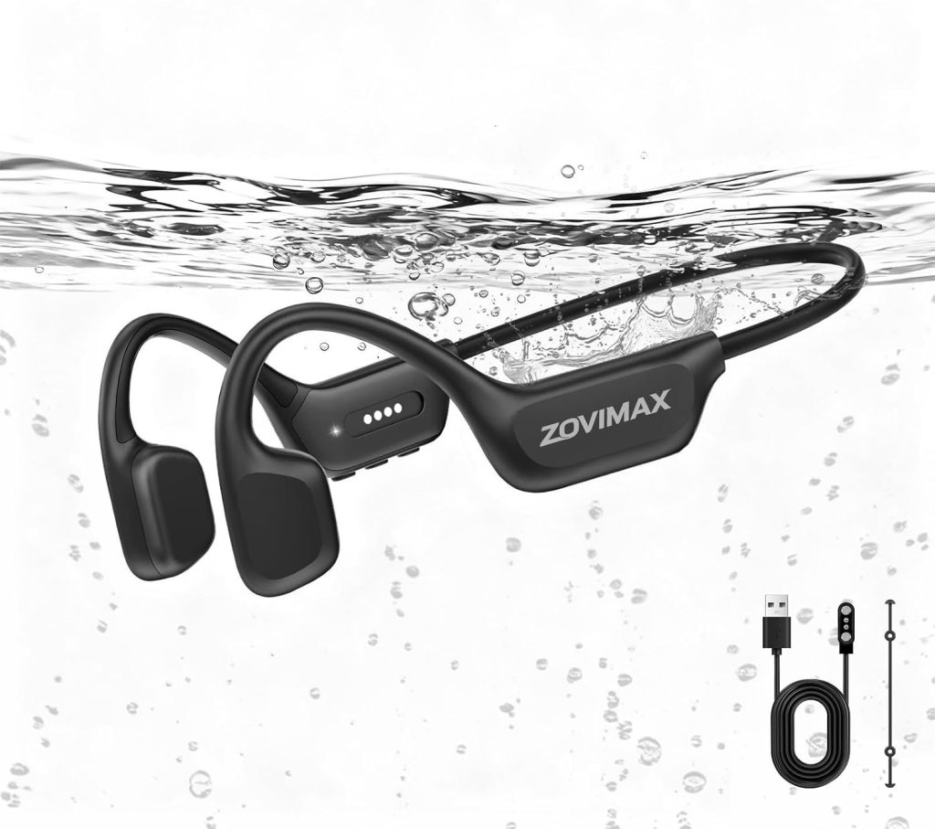 ZOVIMAX Militaire Casque Conduction Osseuse, Bluetooth 6.0, IP68 Étanche Natation Sport-Écouteurs, Mémoire MP3 8Go Intégrée, Autonomie 12h, Anti-Vent Open Ear Sport Écouteur, Natation/Course/Cyclisme