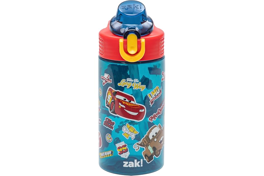 Zak Designs Disney Pixar Cars Sage Kids Water Bottle For School or Travel, 16oz Durable Plastic Water Bottle With Straw, Handle, and Leak-Proof, Pop-Up Spout Cover (Lightning McQueen & Mater)