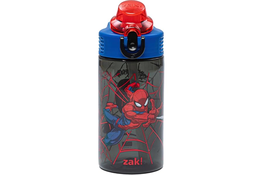 Zak Designs Marvel Sage Kids Water Bottle For School or Travel, 16oz Durable Plastic Water Bottle With Straw, Handle, and Leak-Proof, Pop-Up Spout Cover (Spider-Man)