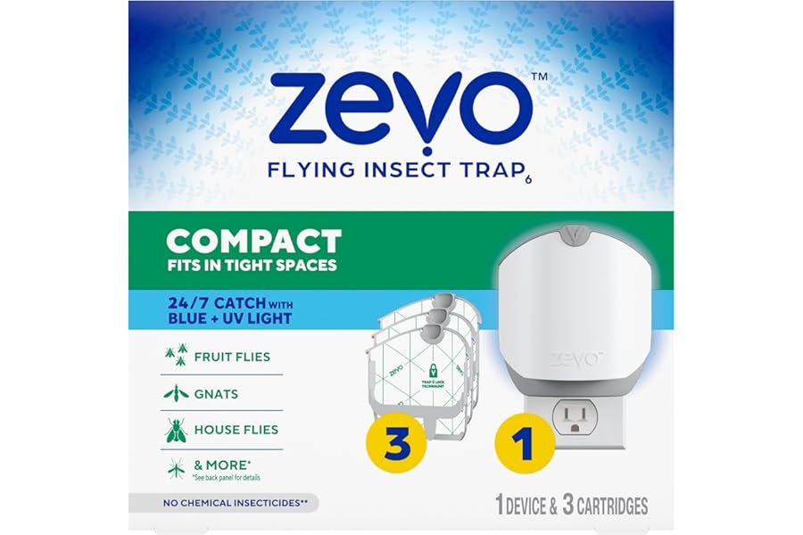 Zevo Compact Flying Insect Trap Kit with Refill Cartridges - Plug-in Indoor Bug Catcher for Gnats, House & Fruit Flies - Blue