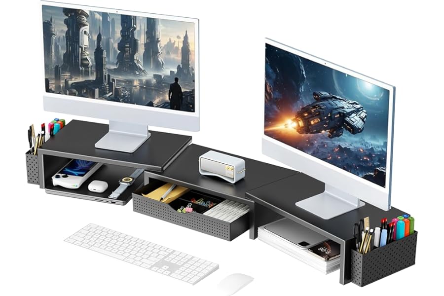 gianotter Dual Monitor Stand Riser, Desk Organizer With Drawer and 2 Pen Holders, Computer Monitor Stand, Desk Shelf for Top of Desk (Black)