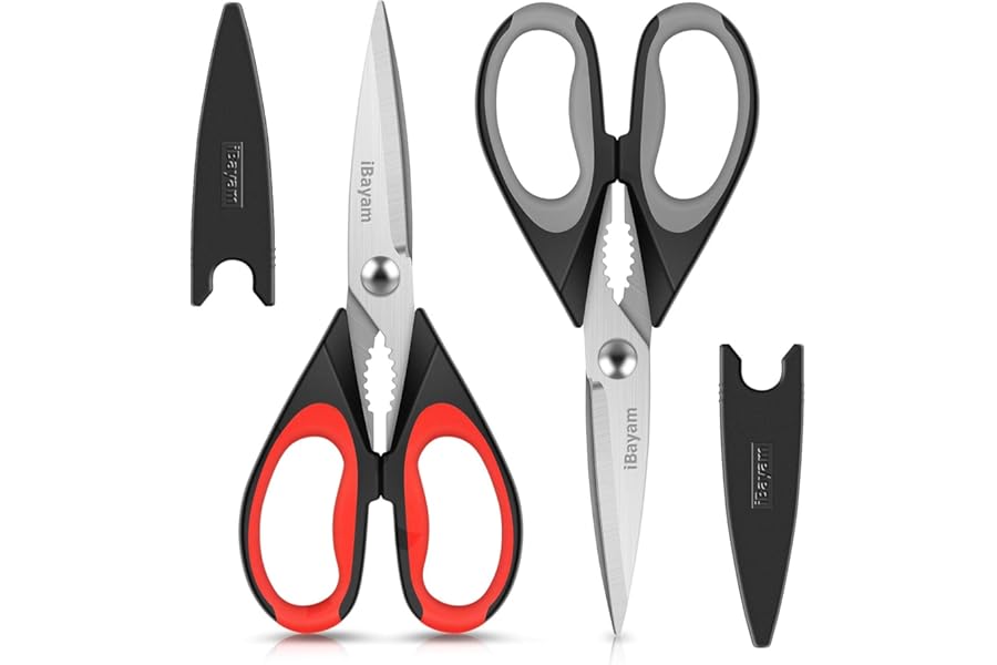 iBayam Kitchen Scissors All Purpose Heavy Duty 2 Pack with Protective Sheath, Stainless Steel Shears Kitchen Utensils Set for Cutting Food Cooking Meat Poultry Dishwasher Safe Soft Comfort-Grip
