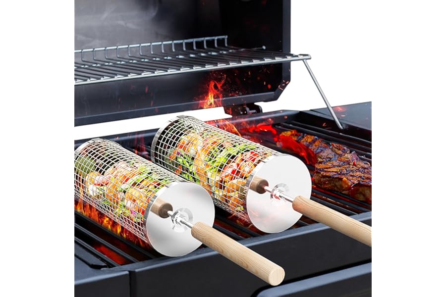 ivtivfu Rolling Grill Basket, Removable Wooden Handle, 304 Stainless Steel, Nesting BBQ Tools, Smoker Grilling Accessories for Vegetable, Outdoor Cooking Camping, Birthday Gifts for Men Dad Husband
