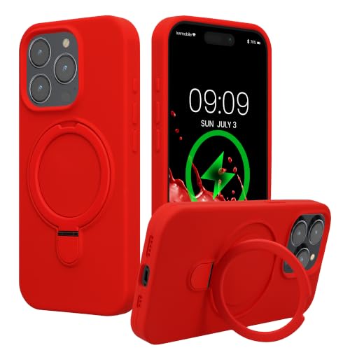 kwmobile Case with Ring Stand for Apple iPhone 15 Pro - Compatible with MagSafe - Silicone Protective Case with Microfiber Lining and Stand - Red