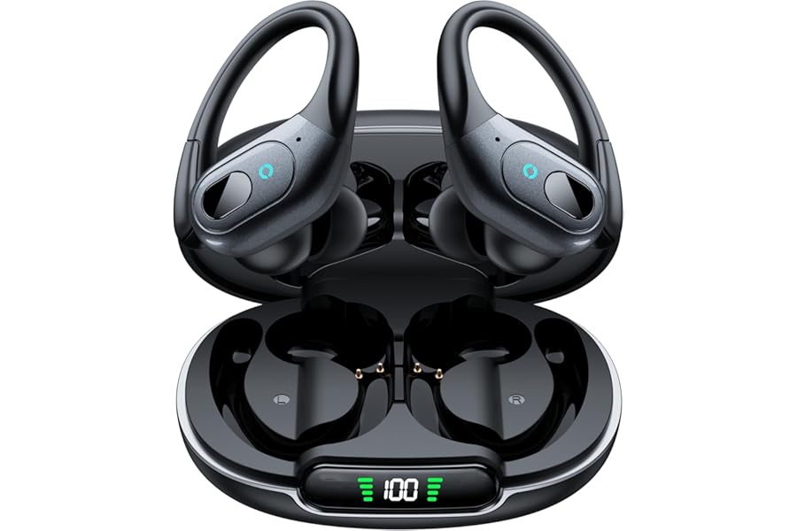 occiam Active Noise Cancelling Earbuds Wireless Bluetooth Headphones Ear Buds 90Hrs Playback Stereo Bass Earphones with Mic Over-Ear Hooks IPX7 Waterproof Headset for Work Sports Running Black