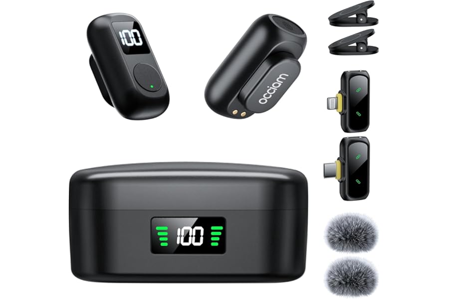 occiam Mini Lavalier Microphone for iPhone & Android Wireless Microphone Noise Reduction Magnetic Mini Lapel Mic with 54H Charging Case for YouTube Podcast Tiktok Vlogging Video Recording Black