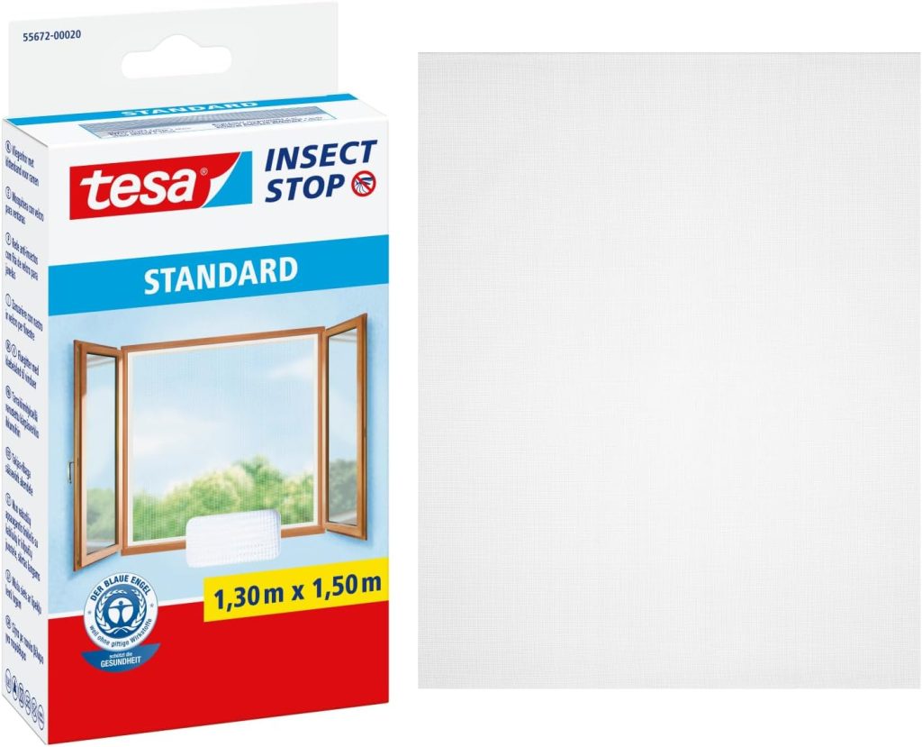 tesa Insect Stop Malla Mosquitera STANDARD para Ventanas, Mosquitera Autoadhesiva, Recortable al Tamaño Deseado, Blanca, 130 cm x 150 cm