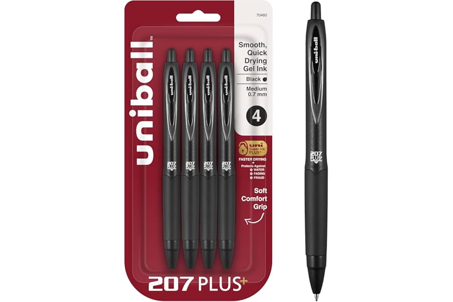 uniball 207 Plus+ Retractable Gel Pens, Medium Point (0.7mm), Black, 4 Pack