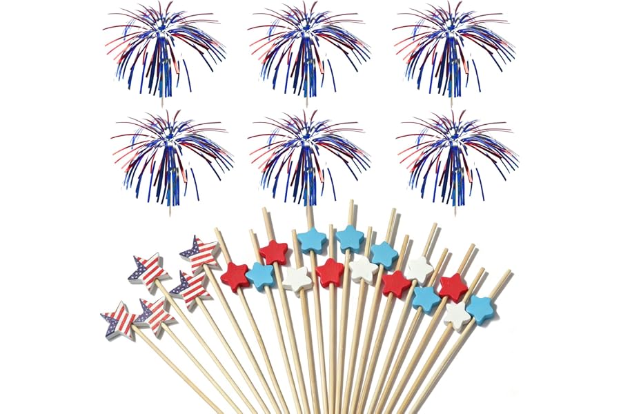 100PCS Firework Cocktail Picks Patriotic Red White Blue Sliver Food Toppers for Patriotic Star American Flag Cupcakes Appetizers Fruit Cheese Charcuterie Drink Birthday Party Decorations