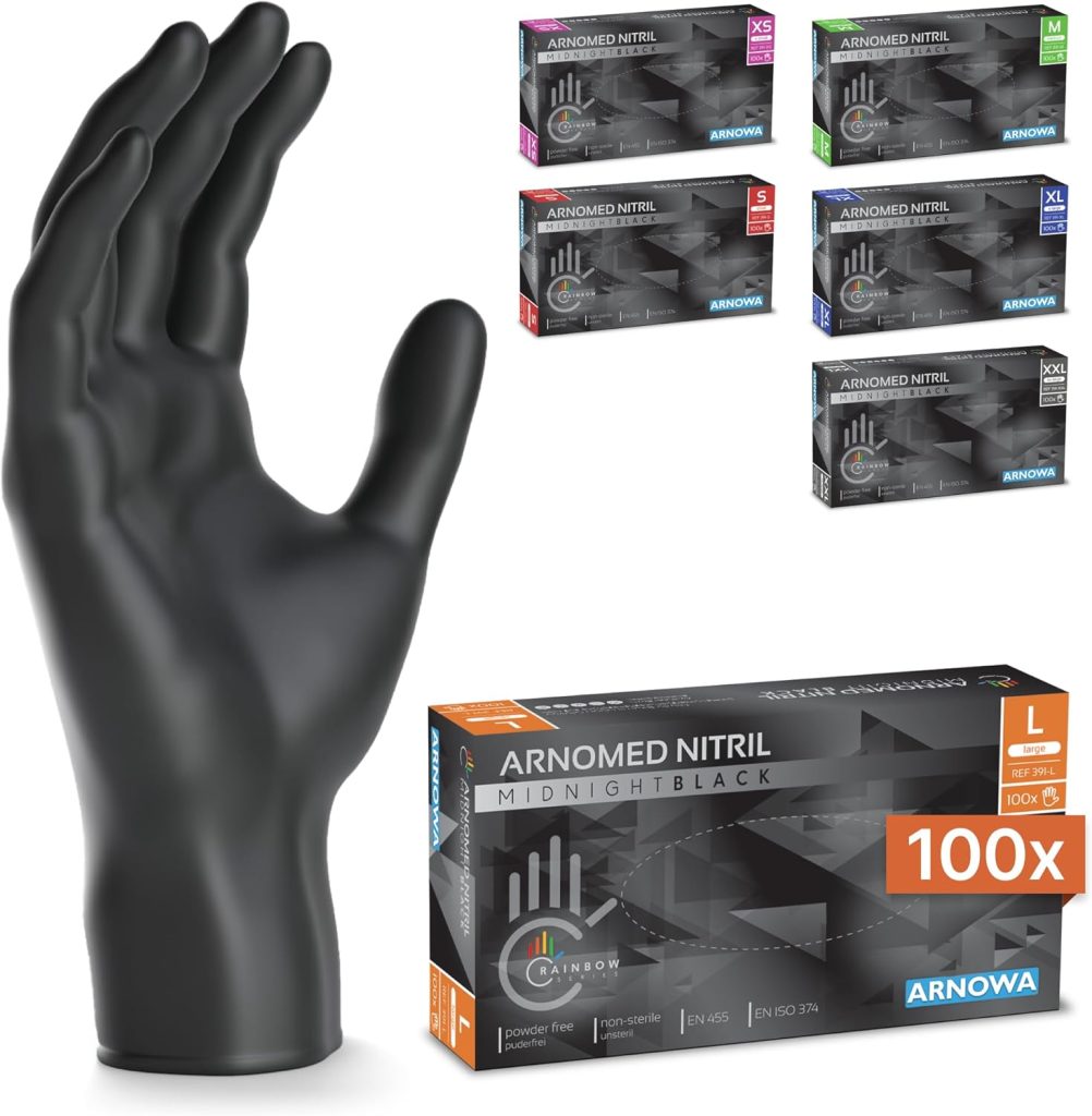 100x ARNOMED® Guantes nitrilo talla L Negro, Guantes desechables quirurgicos y laboratorio, Luvas nitrilo descartaveis sin polvo y látex, Manoplas nitrilo en XS, S, M, L, XL, XXL