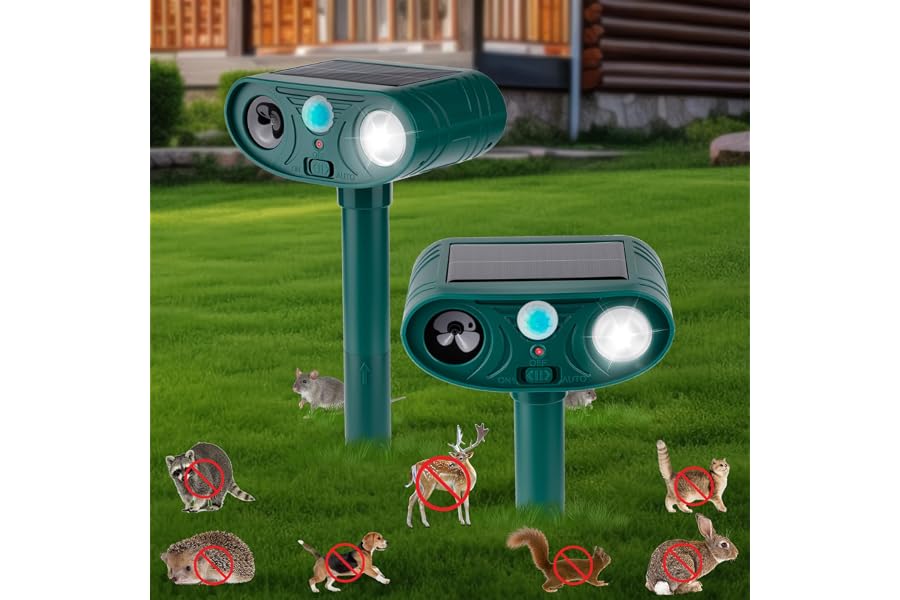 2 Pack 2026 Solar Ultrasonic in Repellent Defender Rat, Squirrel, Deer, Raccoon, Skunk, Rabbit, Mole, Dog, Cat, Waterproof with Motion Detector, LED Flash Lights for Yard Lawns