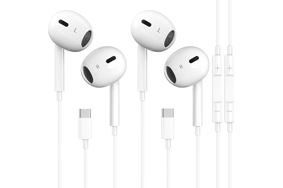 2 Packs USB C Headphones for iPhone 17/16/15 Earbuds, Type C Earphones with Mic & Remote Control Noise Cancelling for iPhone