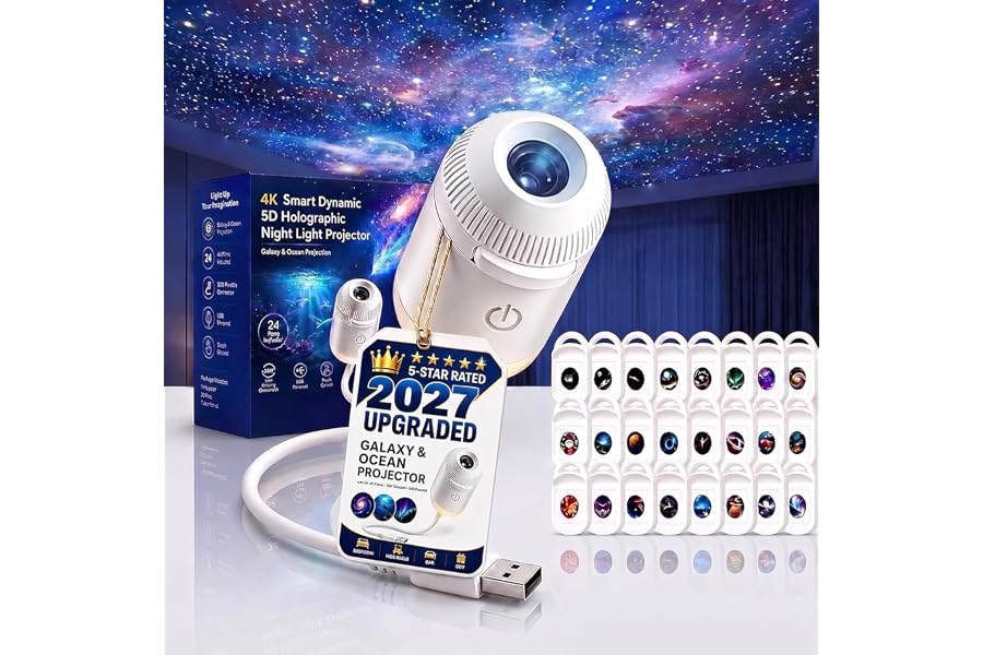 2027 Upgraded Hd Smart Dynamic 5d Holographic Night Light Projector, Plug and Play Hd Star Projector, 360° Adjustable Hd Galaxy and Ocean Projector for Bedroom Ceiling (24 Projection Films)