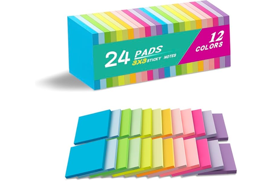 (24 Pads) Sticky Notes 3x3 Inches,Bright Colors Self-Stick Pads | Easy to Post for Home, Office, Notebook