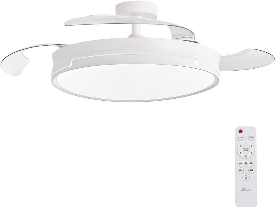 3NOD CONCEPT RAY Ventilador de Techo con Luz y Aspas Retráctiles, Blanco | Luz LED regulable, 3 tonos de luz, Motor DC, 6 velocidades, Mando a distancia, Temporizador 2H, Modo verano/invierno