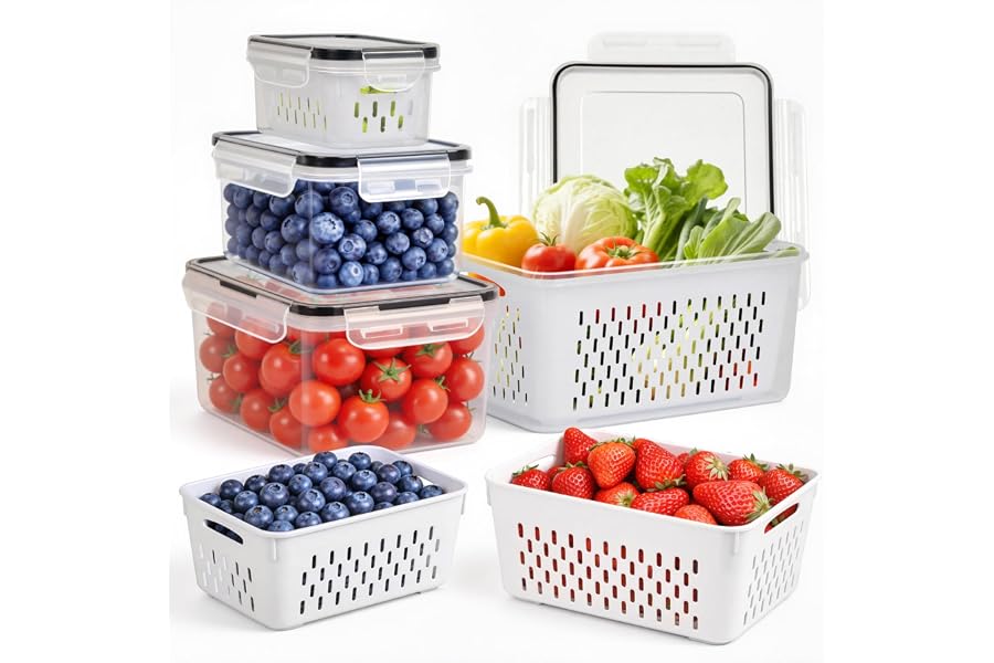 4 PCS Fruit Storage Containers for Fridge, Leakproof Produce Containers for Fridge with Removable Colander, Microwave/Dishwasher Safe Fruit Washing Bowl Keep Fruits, Vegetables, Berry Fresh longer