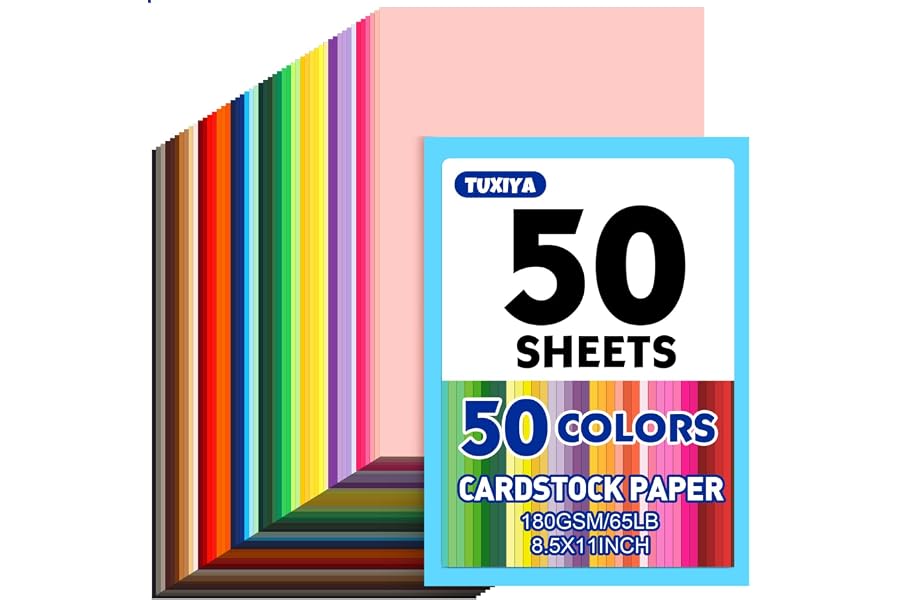 50 Sheets 8.5" X 11" Colored Cardstock, 50 Assorted Colors Construction Paper Card Stock Printer Paper for Printing, Card Making, DIY Crafts,School Supplies,Party Decorations (180GSM/65LB)