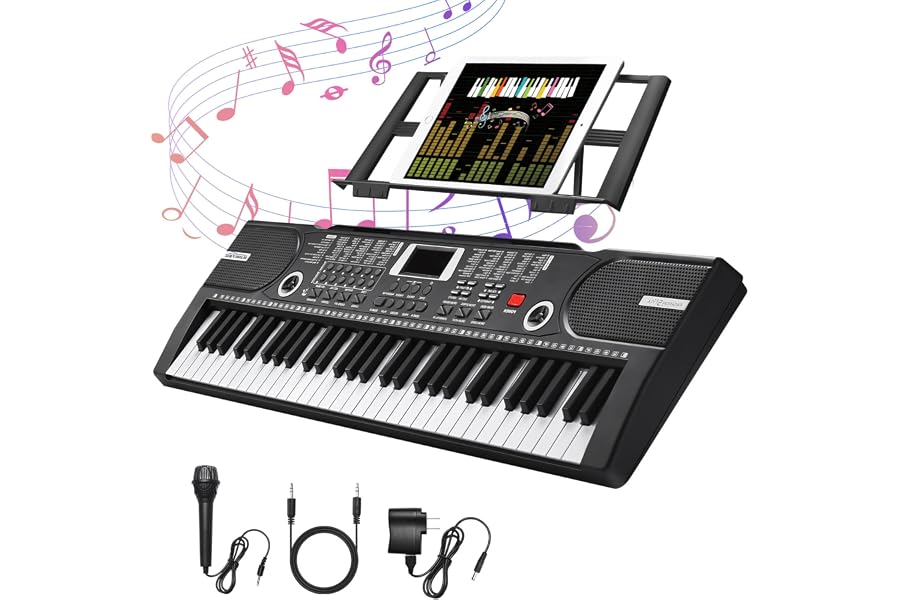 61 Key Keyboard Piano, Portable Electronic Keyboard Piano for Beginners with Speakers, Microphone, Sheet Music Stand, 100 Voices, 100 Rhythms, Digital Music Keyboard Built-In Speakers