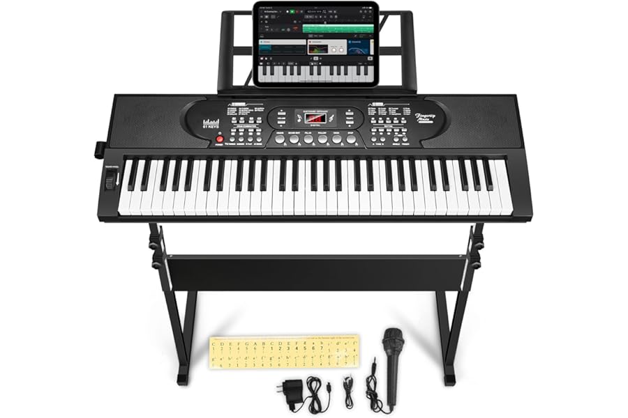 61 Key Portable Keyboard Piano with Stand, Electronic Keyboard Piano Kit, Microphone, Note Stickers, Music Rest, Digital Music Keyboard Built-In Speakers for Beginners