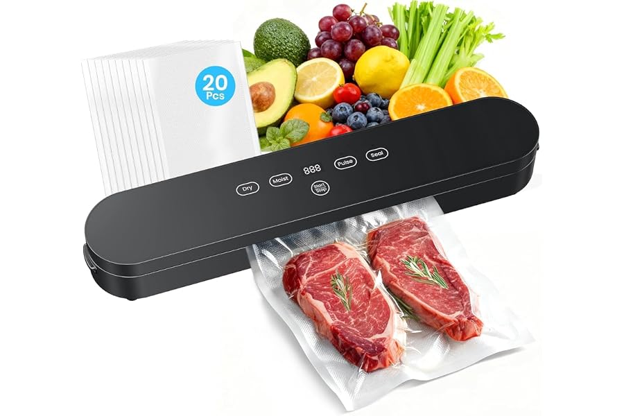 75kPa Vacuum Sealer Machine, Compact Vacuum Sealer for Food, 4-in-1 Food Sealer, Digital Timer, Moist/Dry, Pulse, Seal Modes, with 20 Vacuum Bags, Black