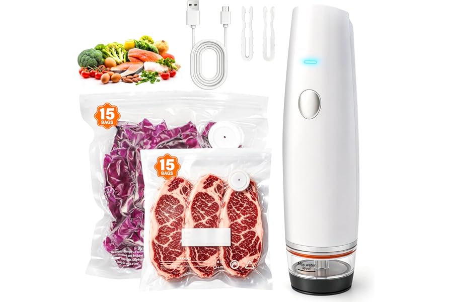 -80kPa Compact Vacuum Sealer for Food (Vacuum Sealer Machine + 30 Reusable Bags), 1200mAh Rechargeable Handheld Vacuum Sealer Machine Portable Mini Food Sealer for Sous Vide & Meal Prep-cold white
