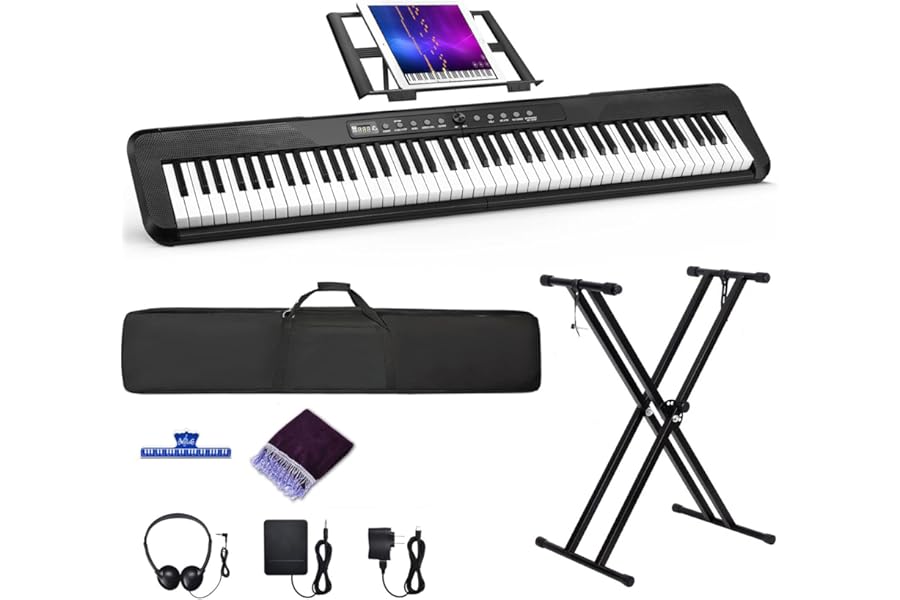88 Key Digital Piano, Semi Weighted Electronic Keyboard Piano with Music Stand, Power Supply, Sustain Pedal, Bluetooth, Carrying Case, Headphones, USB-MIDI Compatibility, for Beginner Professional