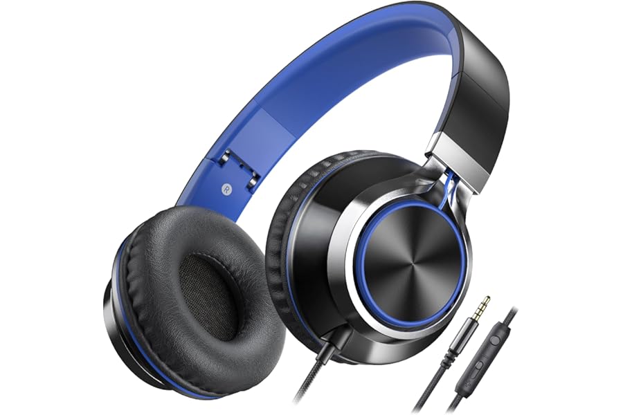 AILIHEN C8 Kids Wired Headphones with Microphone for School, On Ear Headsets with Volume Control Foldable, 3.5mm Jack Computer Chromebook for Children Teens Classroom Online Learning (Black Blue)