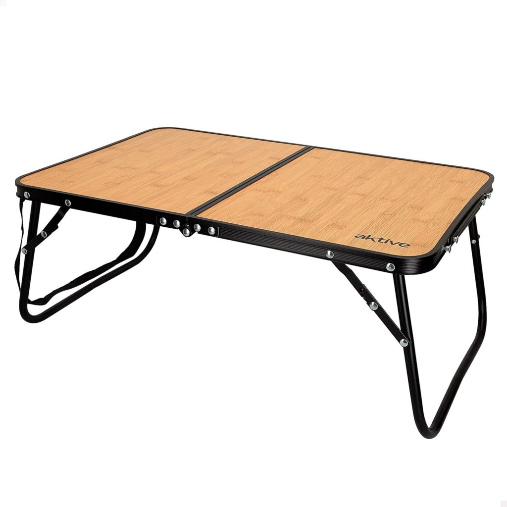 AKTIVE Mesa baja plegable, 60x40x25 cm, Efecto bambú, Con cierre de seguridad, Estructura aluminio, Tablero madera MDF, Soporta 20 kg, Asa y cinta transporte, Accesorios de camping y playa (63016)