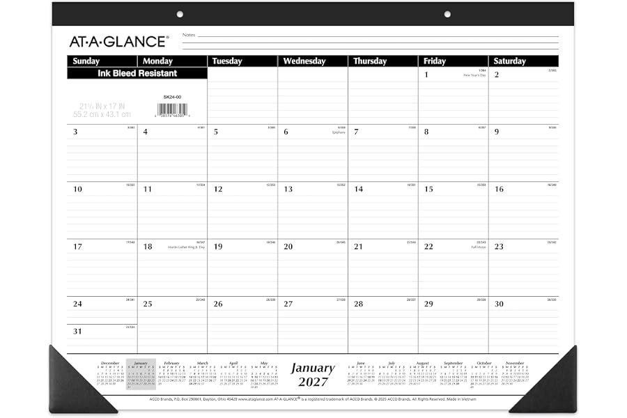 AT-A-GLANCE 2027 Desk Pad Calendar, Monthly Desk Wall Planner, 21.75" x 17", Ruled Blocks (SK240027), White