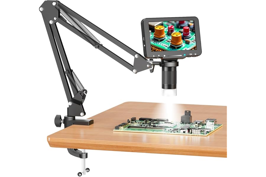 Aikokkl 5" LCD Digital Soldering Microscope for PCB Repair with C-Clamp | For soldering checks and electronics repair; C-clamp keeps both hands free, and the screen works without a computer.