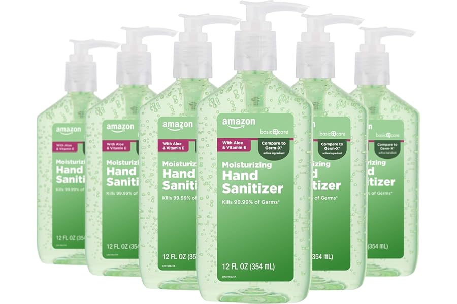 Amazon Basic Care Hand Sanitizer with Aloe Vera, 62% Ethyl Alcohol, Vitamin E Enriched, 12 fl oz, Pack of 6
