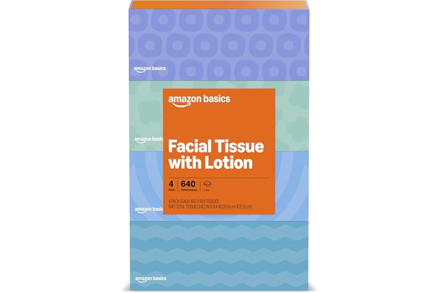 Amazon Basics Facial Tissue, 2-Ply, 640 Count (4 Packs of 160), (Packaging may vary)