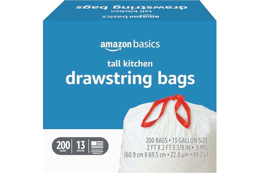 Amazon Basics Tall Kitchen Drawstring Trash Bags, Sturdy, 13 Gallon, Unscented, 200 Count