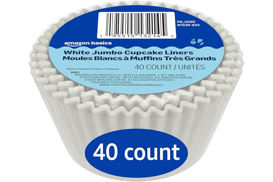 Amazon Basics White Jumbo Cupcake Liners, 40 Count, Pack of 1