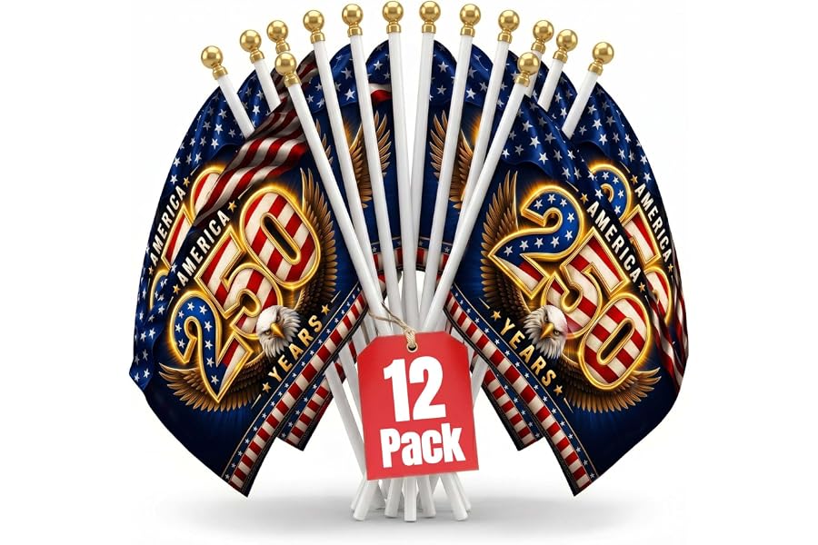 America 250th Anniversary Eagle Hand Flag 5x8 Inch (12 Pack) – Patriotic Bald Eagle Mini Stick Flags 1776 2026 Navy Blue 29cm Plastic Poles Gold Tips For Table Desk Parade Decor