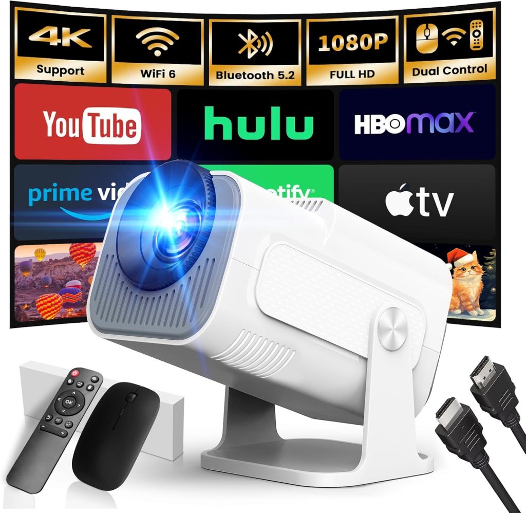 [App Integrada] 2026 Upgraded Proyector Portátil 1920x1080P 4K Supote Videoproyector Dual Control WiFi 6 BT5.2 180° Rotation Compatible con HDMI/TV Stick/USB/Laptop, Blanco