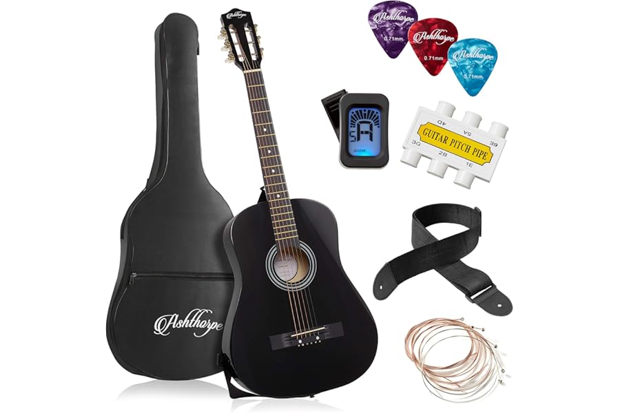 Ashthorpe 38-inch Beginner Acoustic Guitar (Black), Starter Kit with Gig Bag, Extra Strings, Strap, Picks, and Lessons