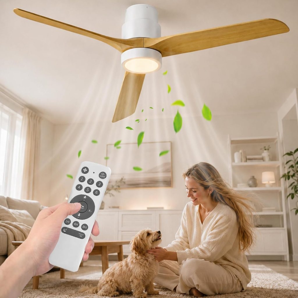 Ateroll Ventilateur Plafond Silencieux, Ventilo Plafond Avec Lumière Et Télécommande, 132 Cm, 3 Pales Bois, Avec Lumière Dimmable, Moteur DC Réversible, Fonction Été-Hiver, 6 Vitesses, Minuterie