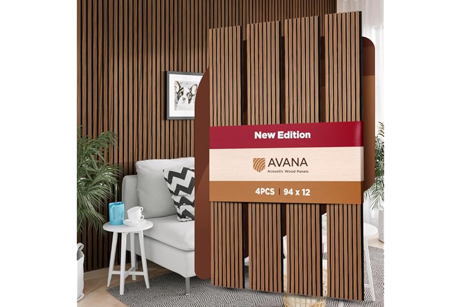 Avana Acoustic Wood Wall Panels – 93.2x11.25 Inch Panels – Fits 94x12 Layout – Rustic Walnut Acoustic Panels 4 PCs –Wall Panels For Interior Wall Decor For Homes, Offices – Durable Wood Panel For Wall